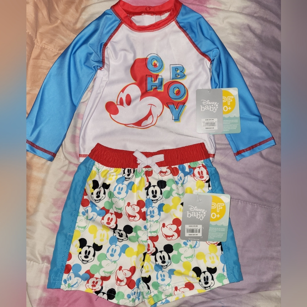 New! DISNEY Mickey Mouse Rash Guard and Swimming Trunks 18-24M